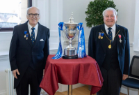 Moderator Bill Duncan and Division 1 Captain Lindsay Burns ‘guard’ the Championship Trophy at the Civic Reception for St Johnstone FC 29 April 2026